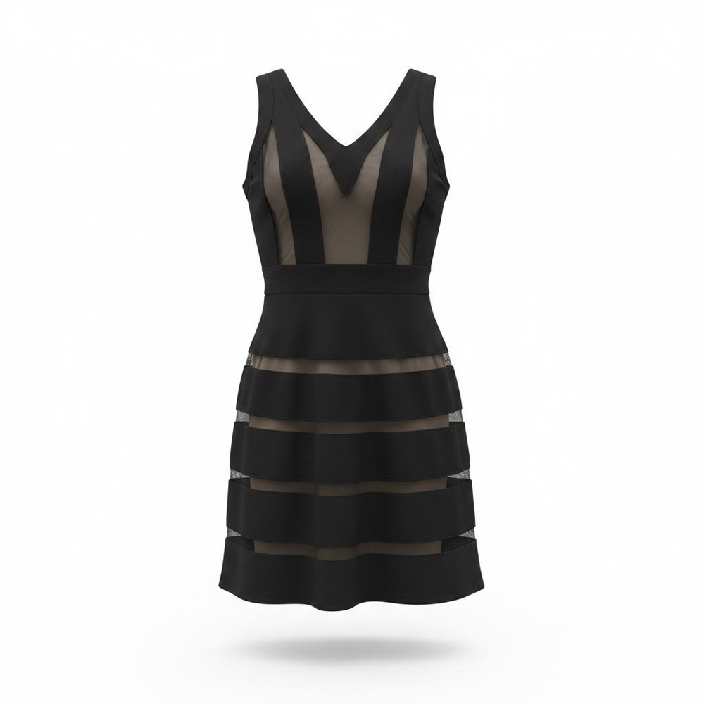 Honey & Rosie Dress Women Sz S Black Fit & Flare Sleeveless Deep V Neckline Mesh